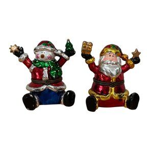 Vtg Kirkland Christmas Trinket Box Santa and Snowman Set of 2 Metallic Hinged